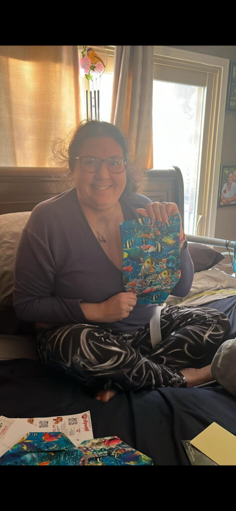 Kristina with her urostomy bag for Nemo, she got her urostomy four months after she went septic